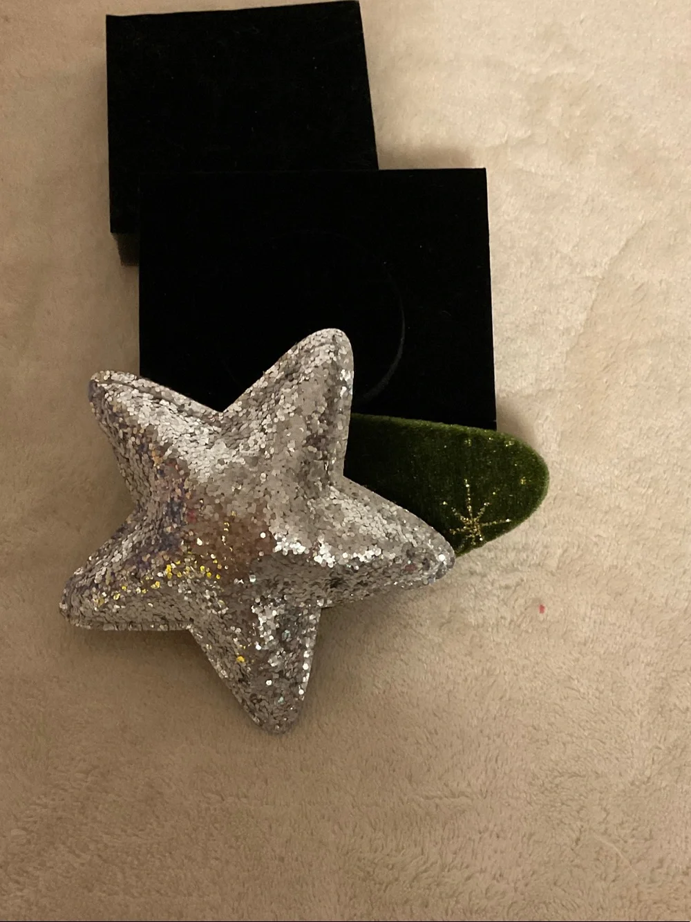 Silver Sequin Star Hair Clip with Green Velvet Accent