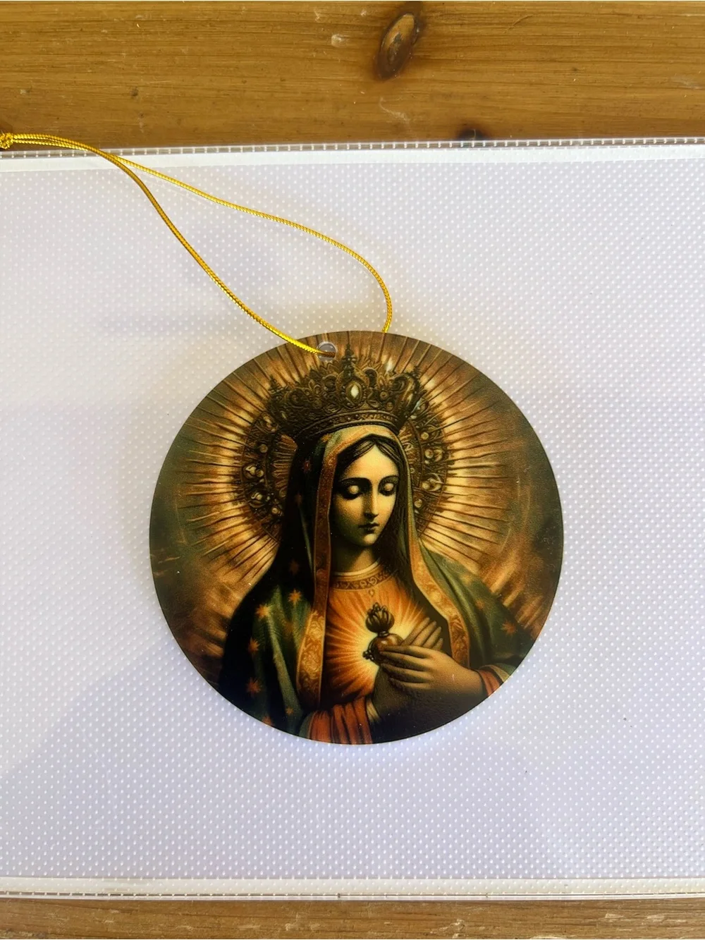 Gold and Green Sacred Heart Mary Ornament - Religious Wall Décor