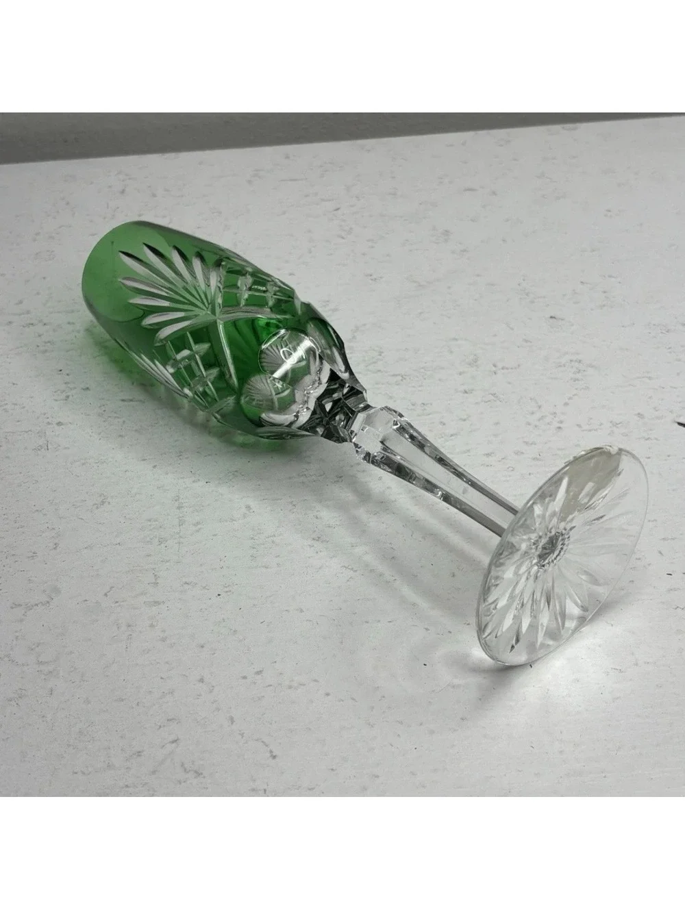 Ajka Crystal Caroline Cut to Clear Emerald Green Champagne Flute