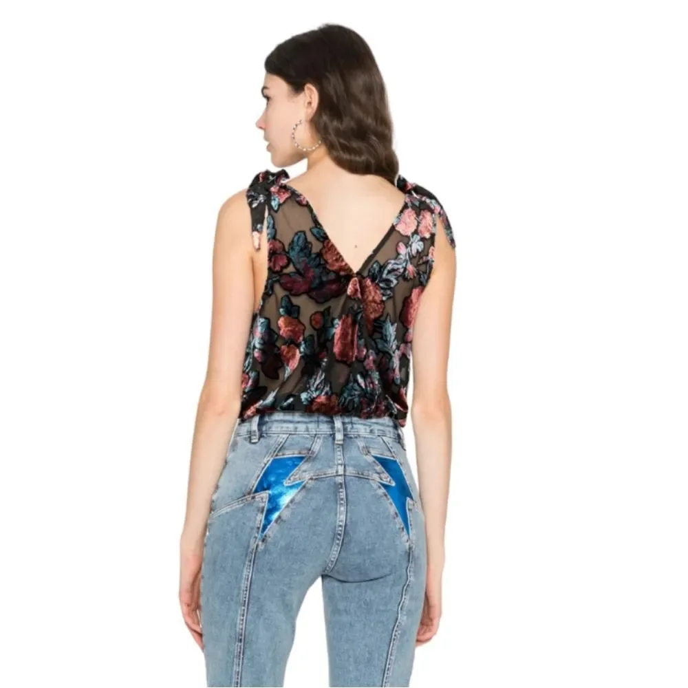 FREE PEOPLE “Tied‎ to You” Floral Velvet V-Neck Tie Shoulder Sleeveless Tank