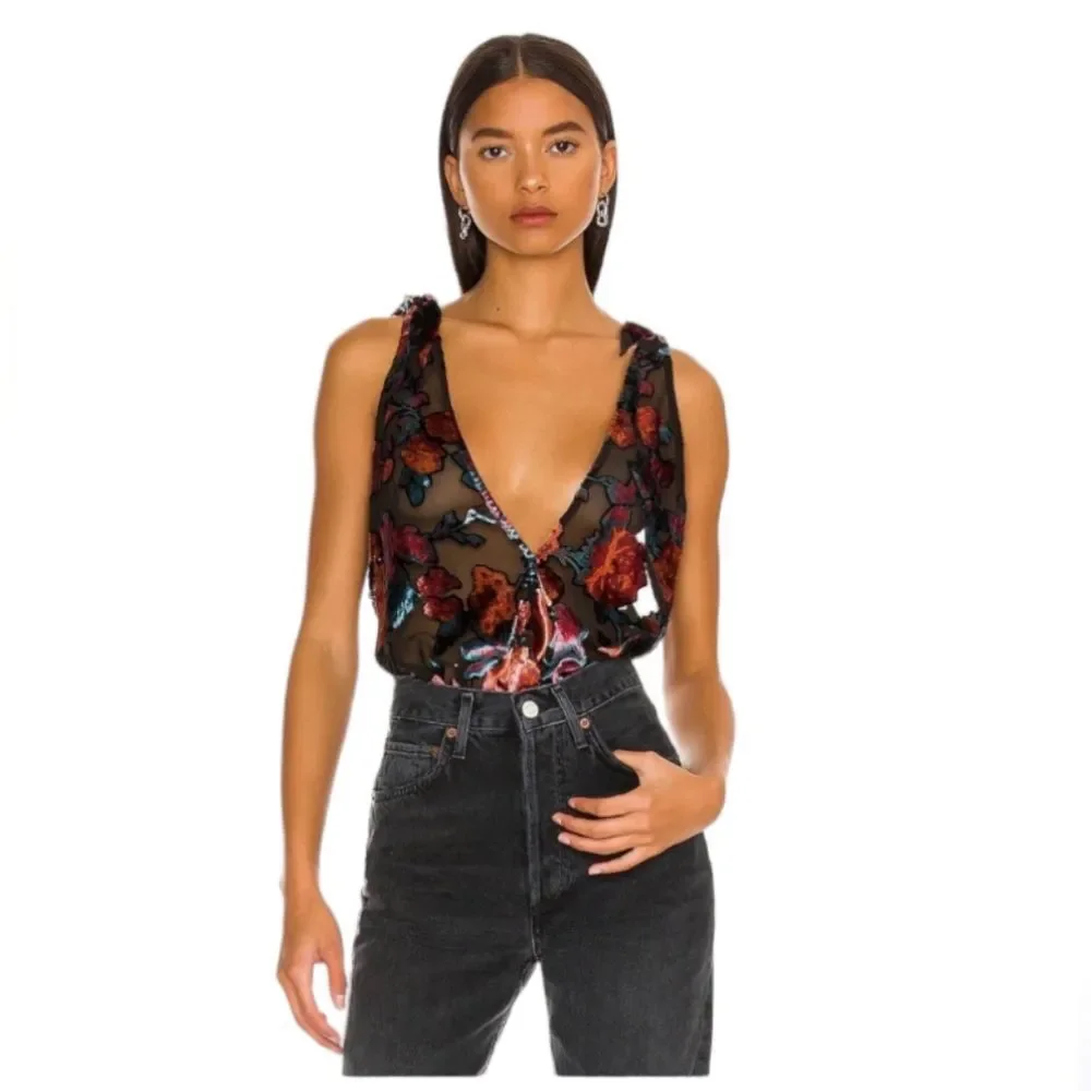 FREE PEOPLE “Tied‎ to You” Floral Velvet V-Neck Tie Shoulder Sleeveless Tank