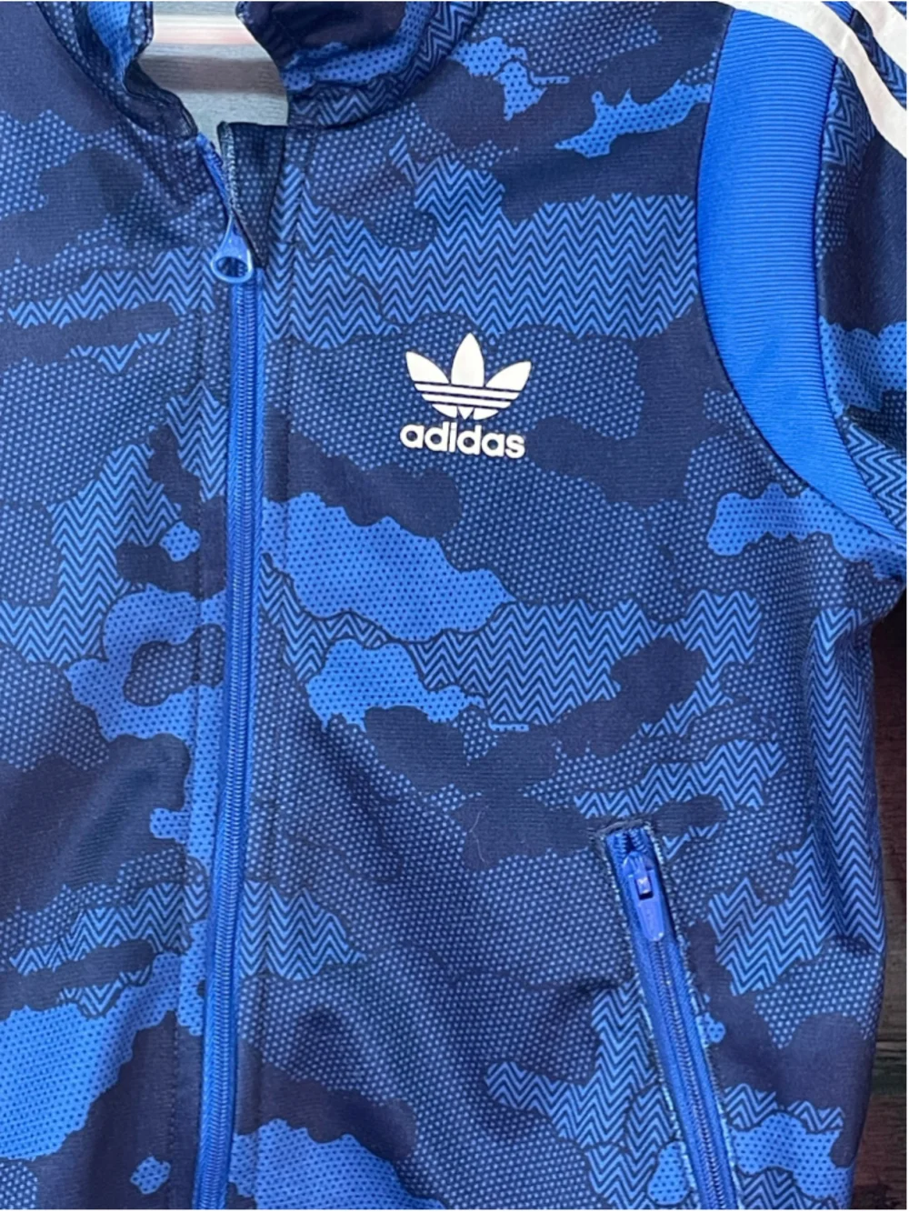 Boys Adidas Blue/White Camo Track Jacket Size 4T Trefoil Logo Full Zip