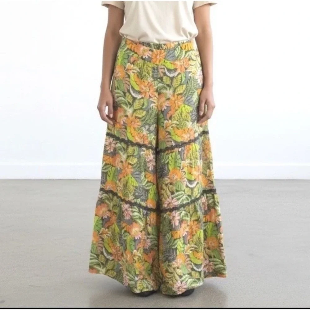 Extreme Wide Leg Tiered‎ Pants 18/20 Green Orange Linen/Rayon Tropical Floral