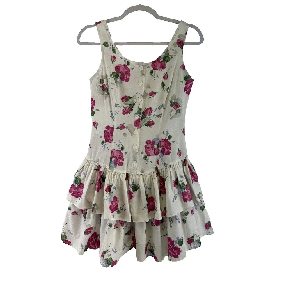 Byer Too! Vintage Dress Peplum Layered White Pink Ruffle 90s Button‎ Juniors 5