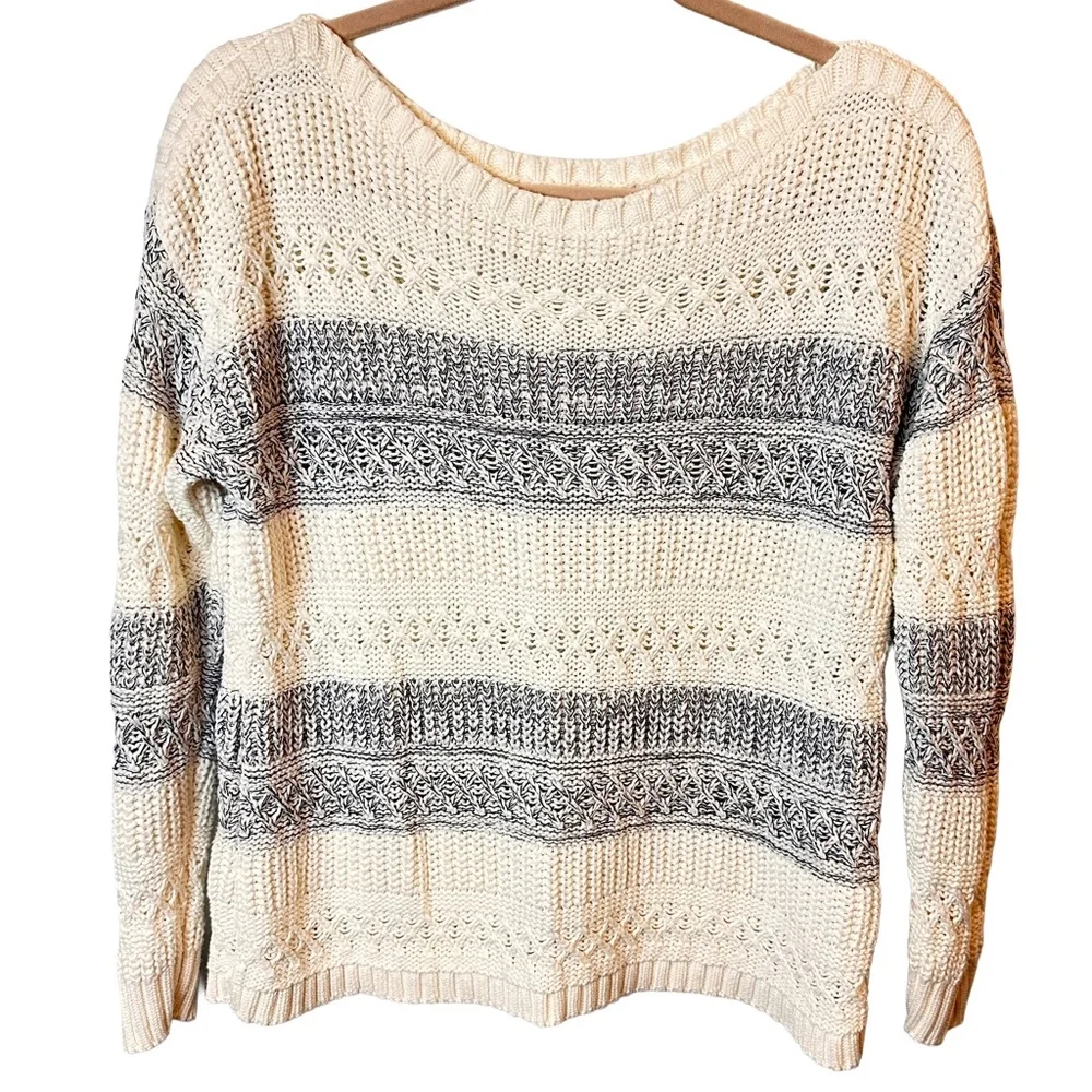 Garnet Hill Organic Cotton Cream and Gray Striped Long Sleeve Boatneck Sweater L