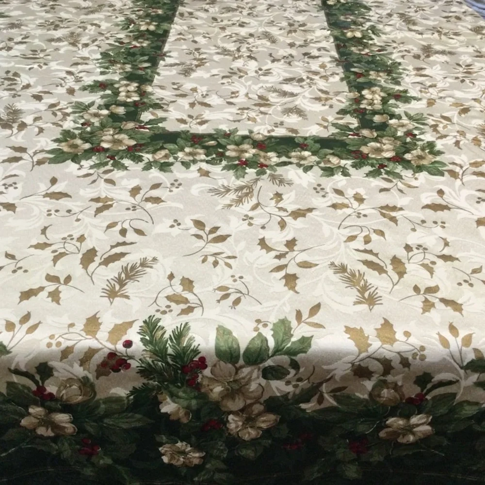 Vintage Table Cloth Luxury Holiday Christmas Floral Holly Ivory Cream Gold Green