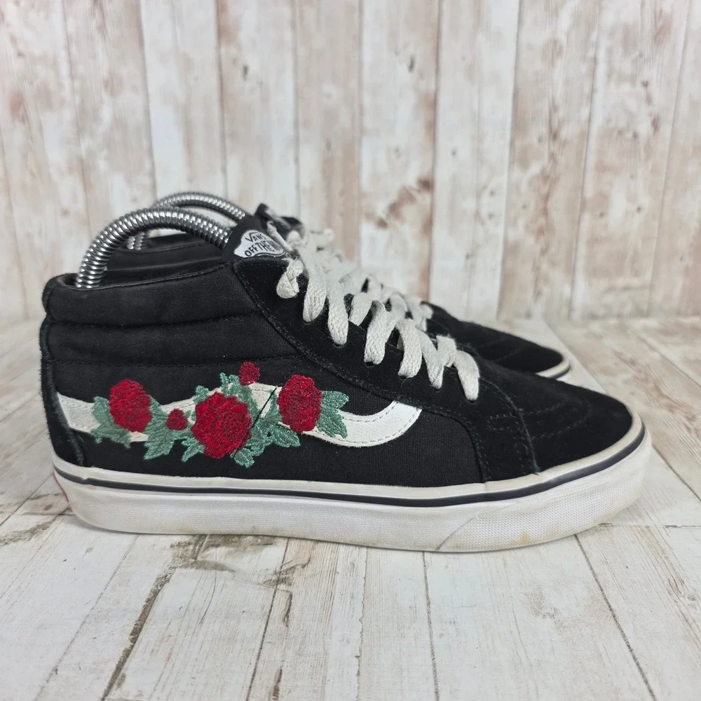 Vans‎ Sk8-Mid Black Rose Embroidered Floral Skate Shoes Womens 7 Mens 5.5