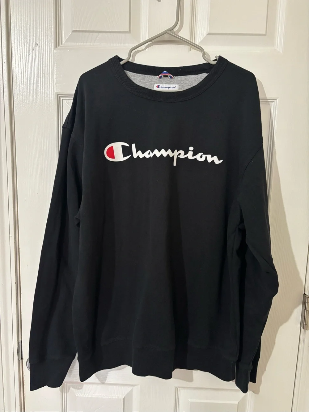 Champion Black Crew Sweatshirt with White Script and Red Logo