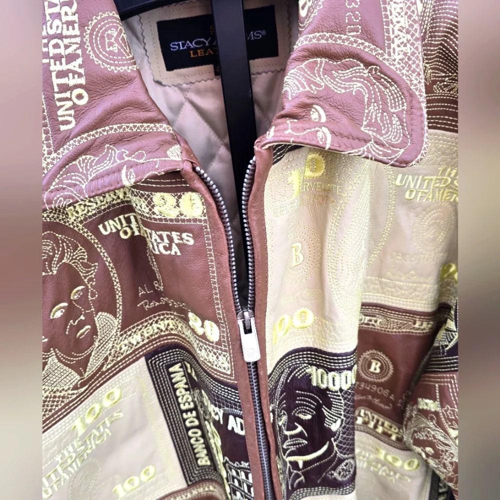 Insane LEATHER money Pattern Mens Coat Jacket Oversized Hip Hop 90s Y2k Size 4XL