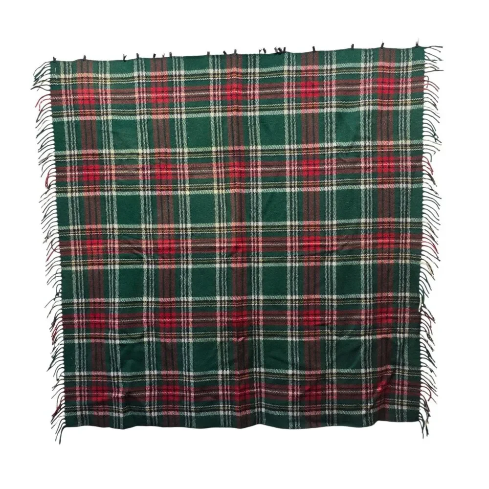 Vintage Troy Mills Plaid Wool Blend Throw Blanket 50x50 USA Made‎ Fringe Tartan