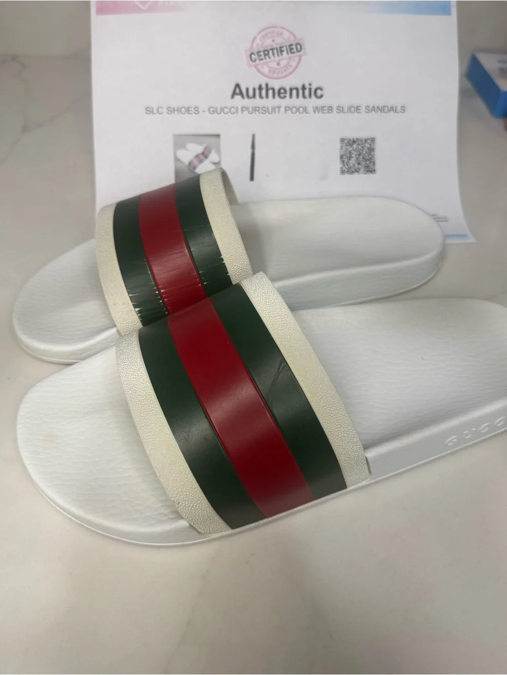 Authentic Gucci Pursuit Web Slides Men 9.5 Women 11 White COA