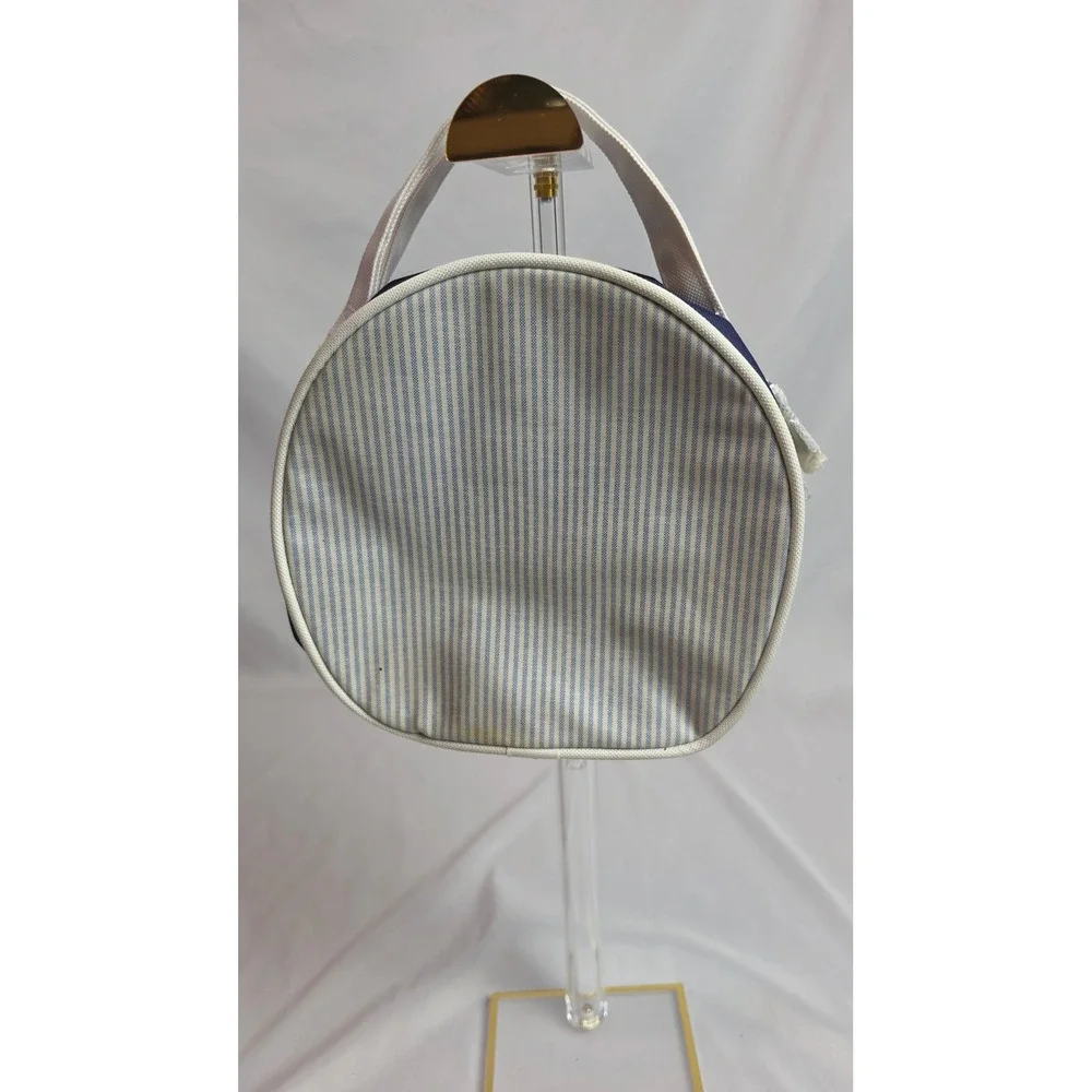 Vintage Tommy Hilfiger Striped Round Cosmetic Bag Blue White Y2K Travel Pouch