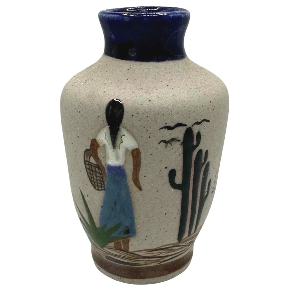 Mexico‎ Pottery Bud Vase Hand Painted Desert Scene Blue Rim Small