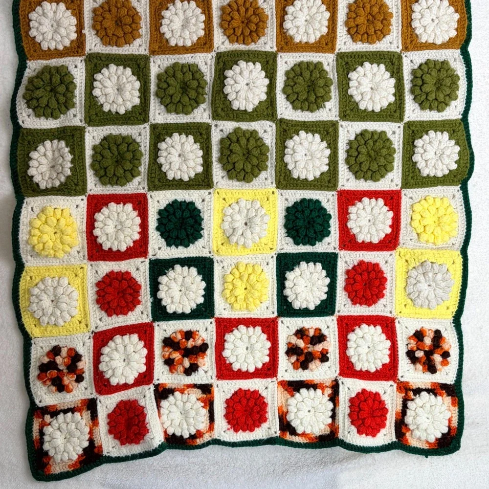 Handmade Crochet Granny Square Floral‎ Popcorn Stitch Afghan Blanket 32x51