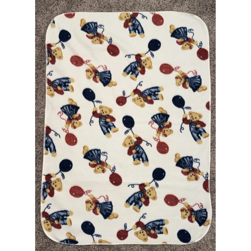 Vtg Blue Jean Teddy Bear Baby‎ Blanket Girl Boy Balloons 28x44