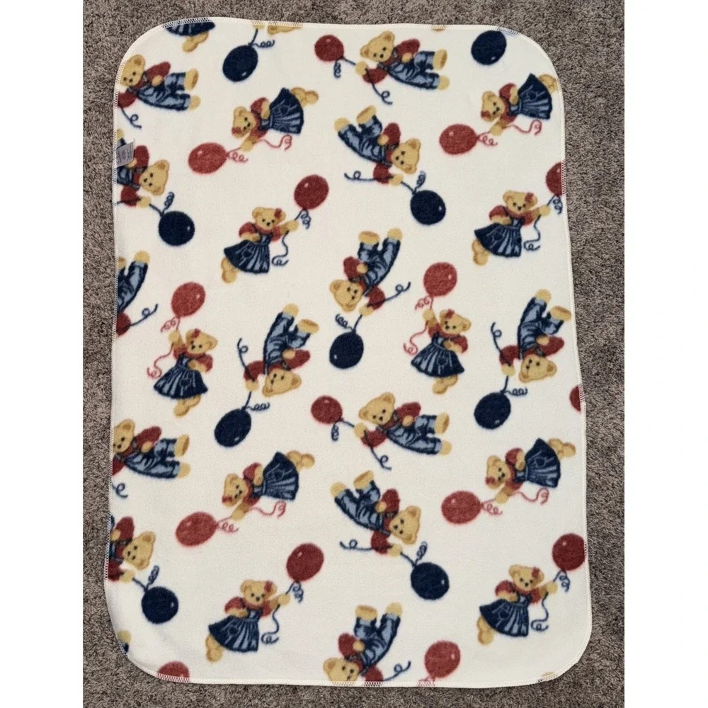 Vtg Blue Jean Teddy Bear Baby‎ Blanket Girl Boy Balloons 28x44