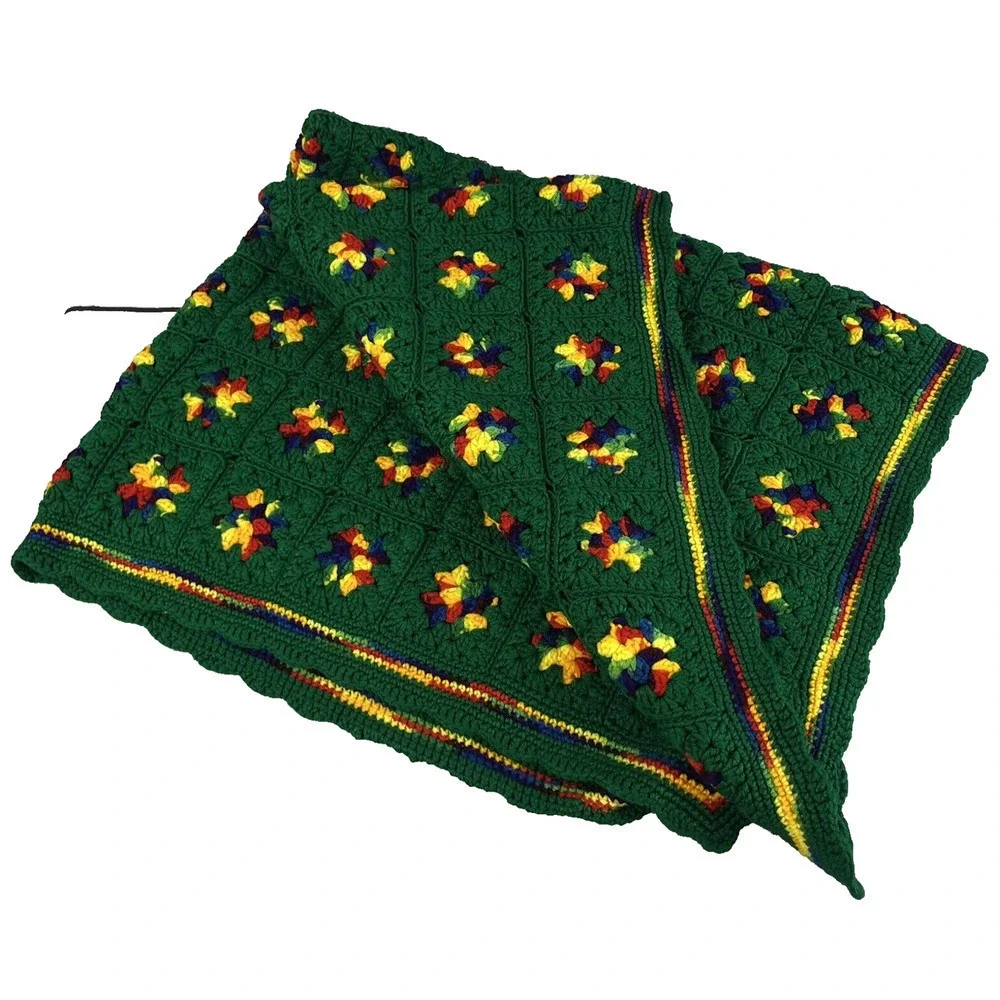 Vintage Rainbow Granny Square Thick Afghan Blanket Crochet 59