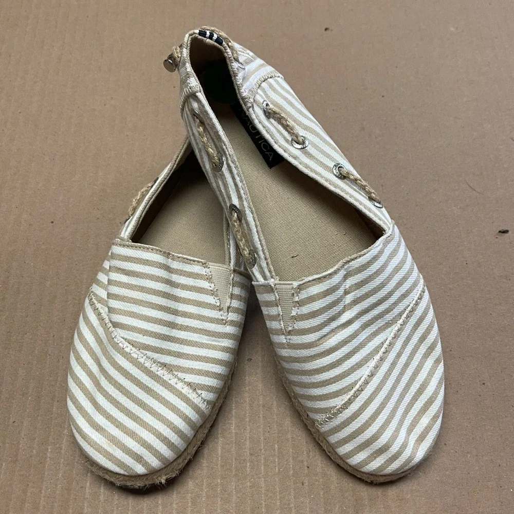 Nautica Women's Sz 8/38 Rudder Tan Striped‎ Canvas Espadrille Slip On Boat Shoes