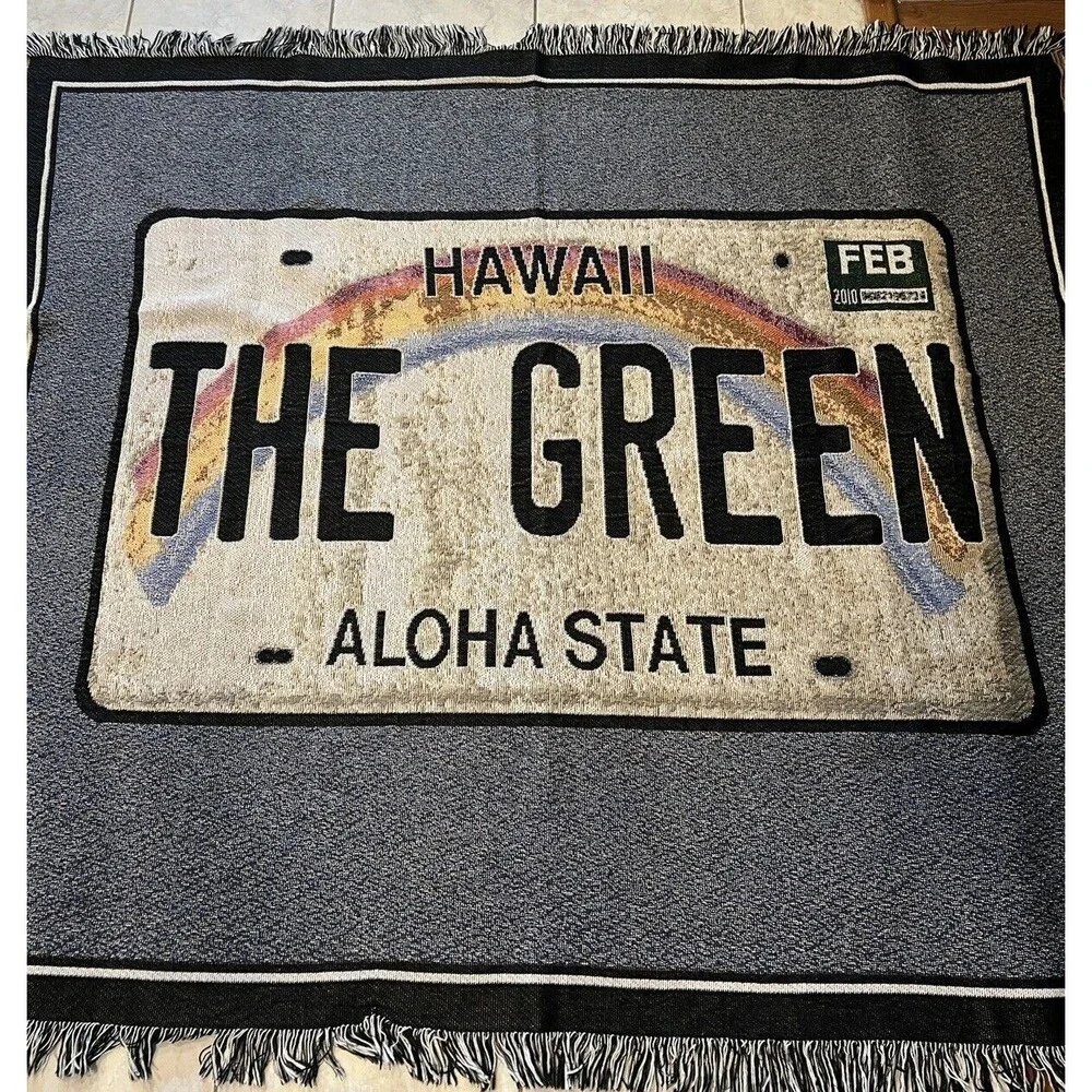 Hawaii State License Plate Tapestry Throw Blanket Fringe The Green State Travel