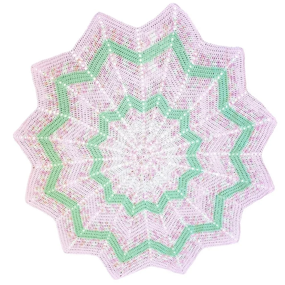HANDMADE Crochet 12 Point Star Softee Baby Blanket‎ Afghan Pink Green 43 In NEW