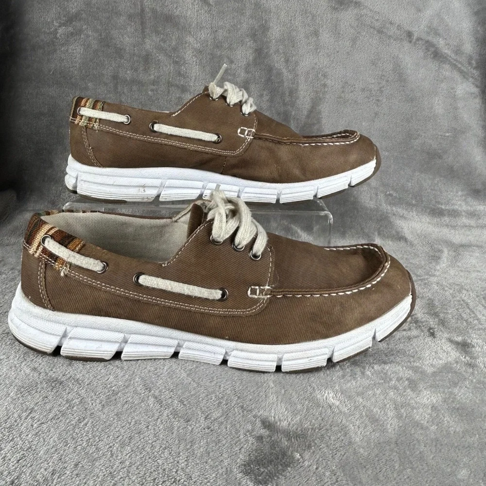 Margaritaville Cabo Brown Canvas Boat Shoes Mens 10M Striped Heel Loafers 315150
