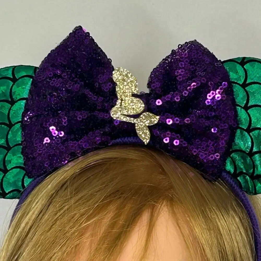 Handmade Halloween Mouse Ears Headband Purple Sequin Bow Spiderweb Ghost