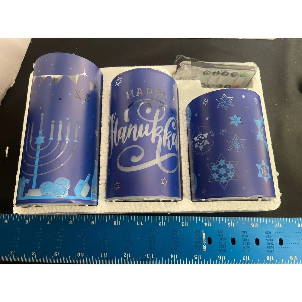 Hanukkah LED Flameless Candle Set 3 Pack Blue Menorah Star of David with‎ Remote
