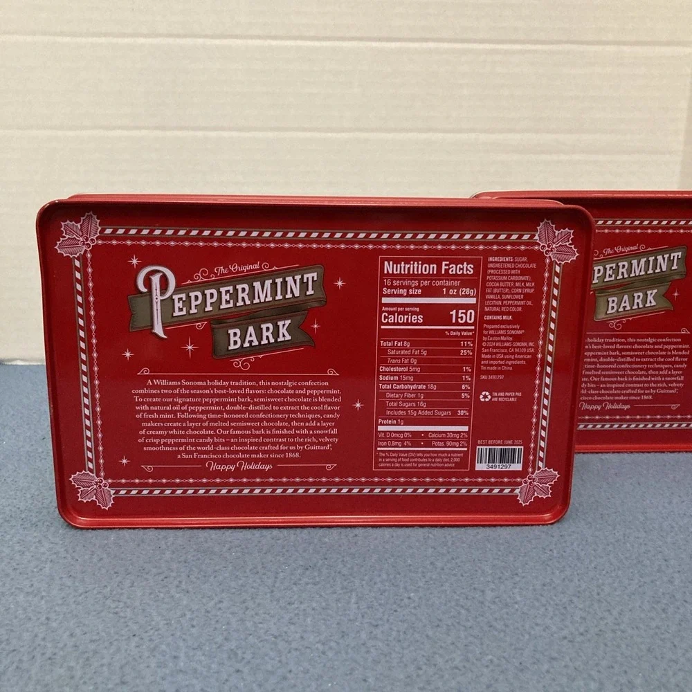 Williams Sonama Peppermint Bark 1 lb/16 oz Tins (Empty) from 2024 - Set‎ of 2