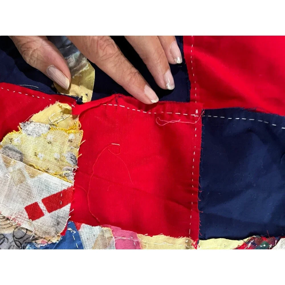 Vintage Handstitched Quilt Topper Red Navy Star Pattern Cottage core 82” x 71”