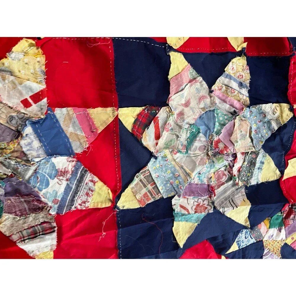 Vintage Handstitched Quilt Topper Red Navy Star Pattern Cottage core 82” x 71”