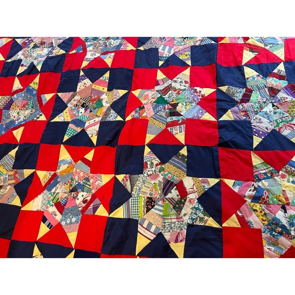 Vintage Handstitched Quilt Topper Red Navy Star Pattern Cottage core 82” x 71”