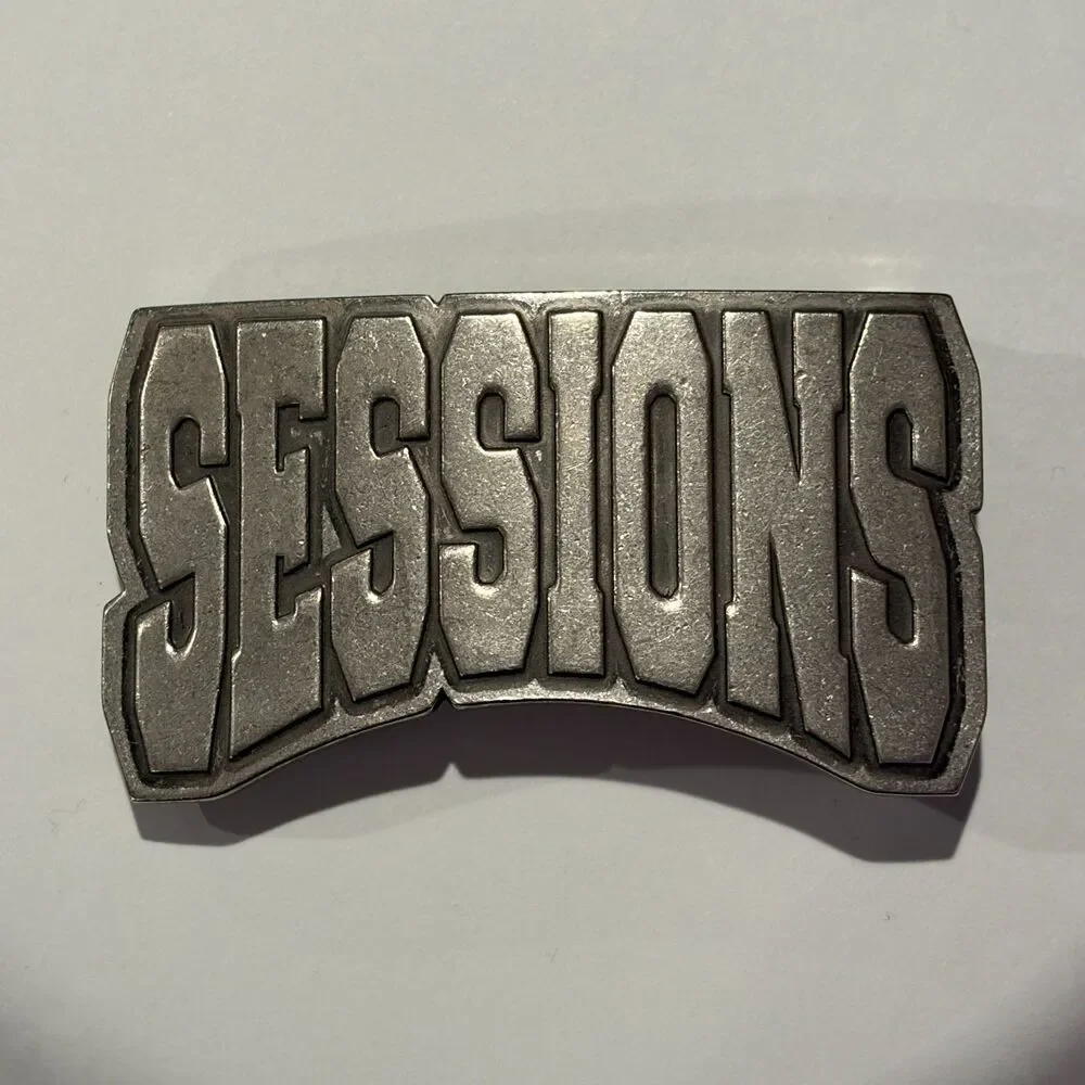 Vintage 90s 00s Sessions Skateboards Belt Buckle Skater Skate Grunge Silver