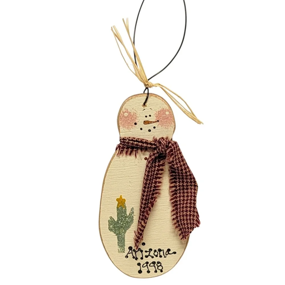 VTG 90s Arizona Snowman Christmas Ornament 1998 Wooden Cactus Country Rustic‎