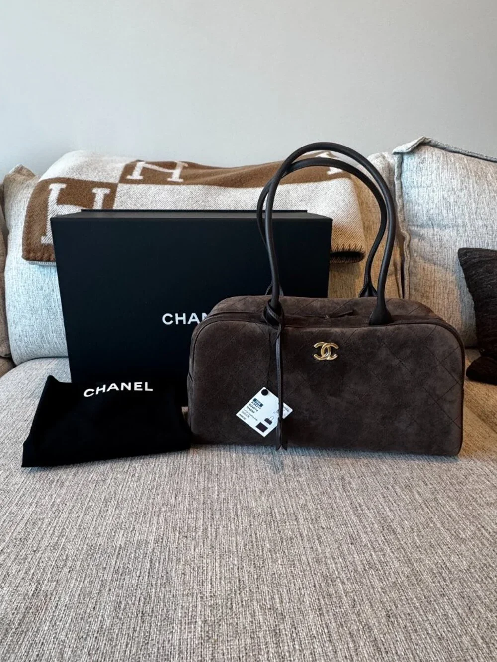 Authentic Chanel Large Perfect Bowling Bag in Brown 26B