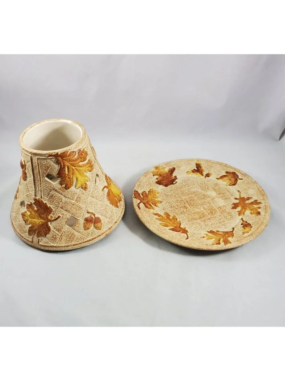 Yankee Candle Fall Autumn Acorn Leaf Cutout Lg Jar Shade Topper Plate Stoneware