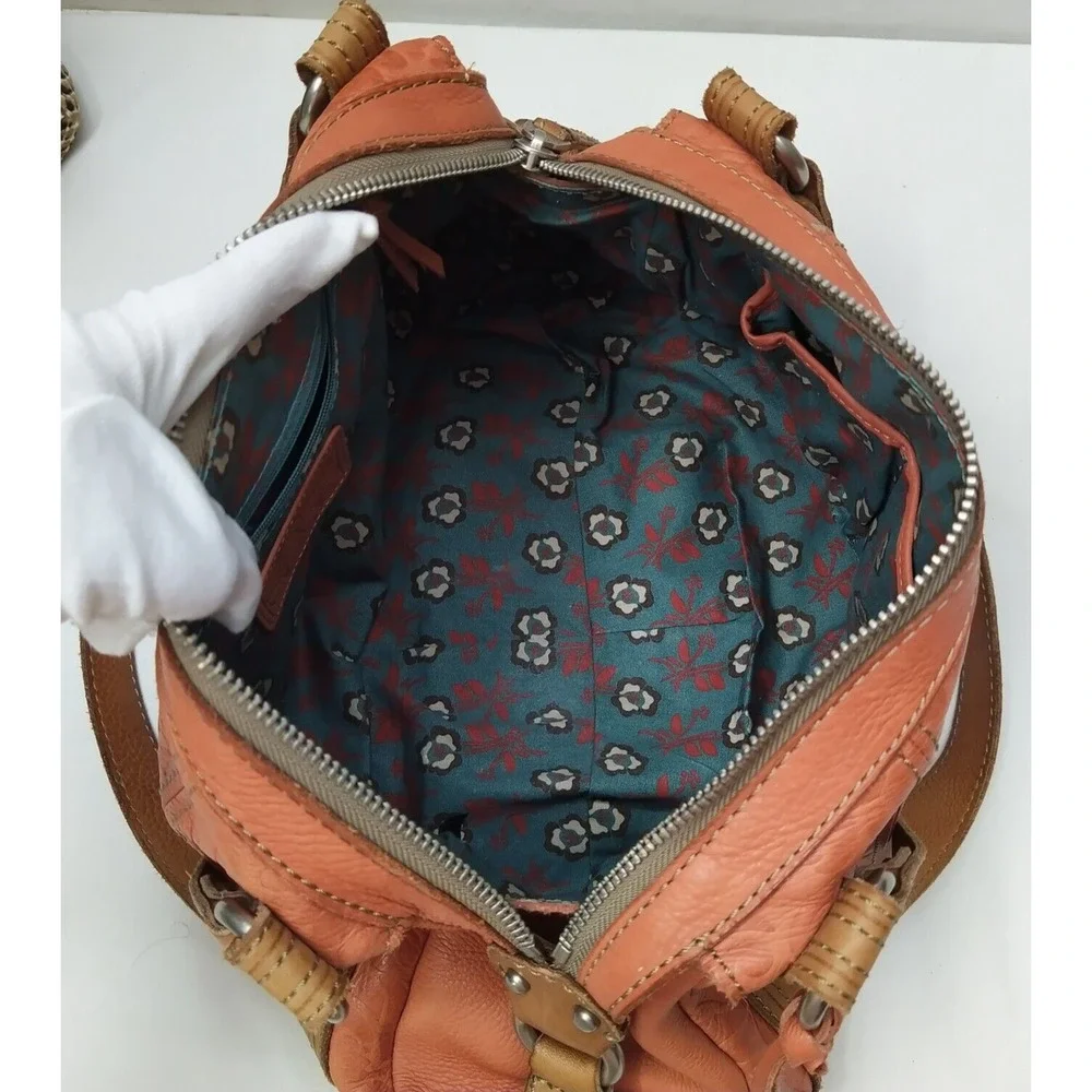 Fossil Orange Leather Floral Double Handles Zipper Closure Satchel Shoulder Bag