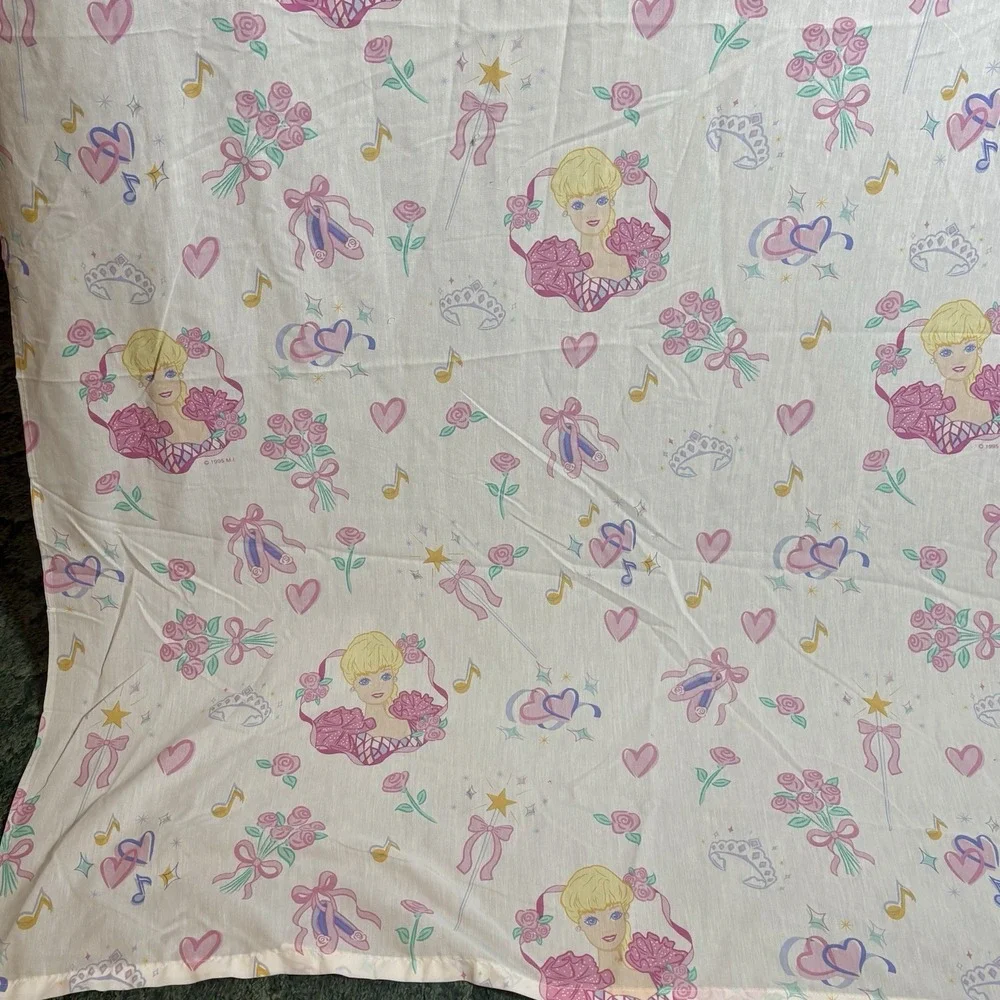 Barbie Twin Size Flat Sheet Skirt Curtain Panels Pillowcase VTG 1995