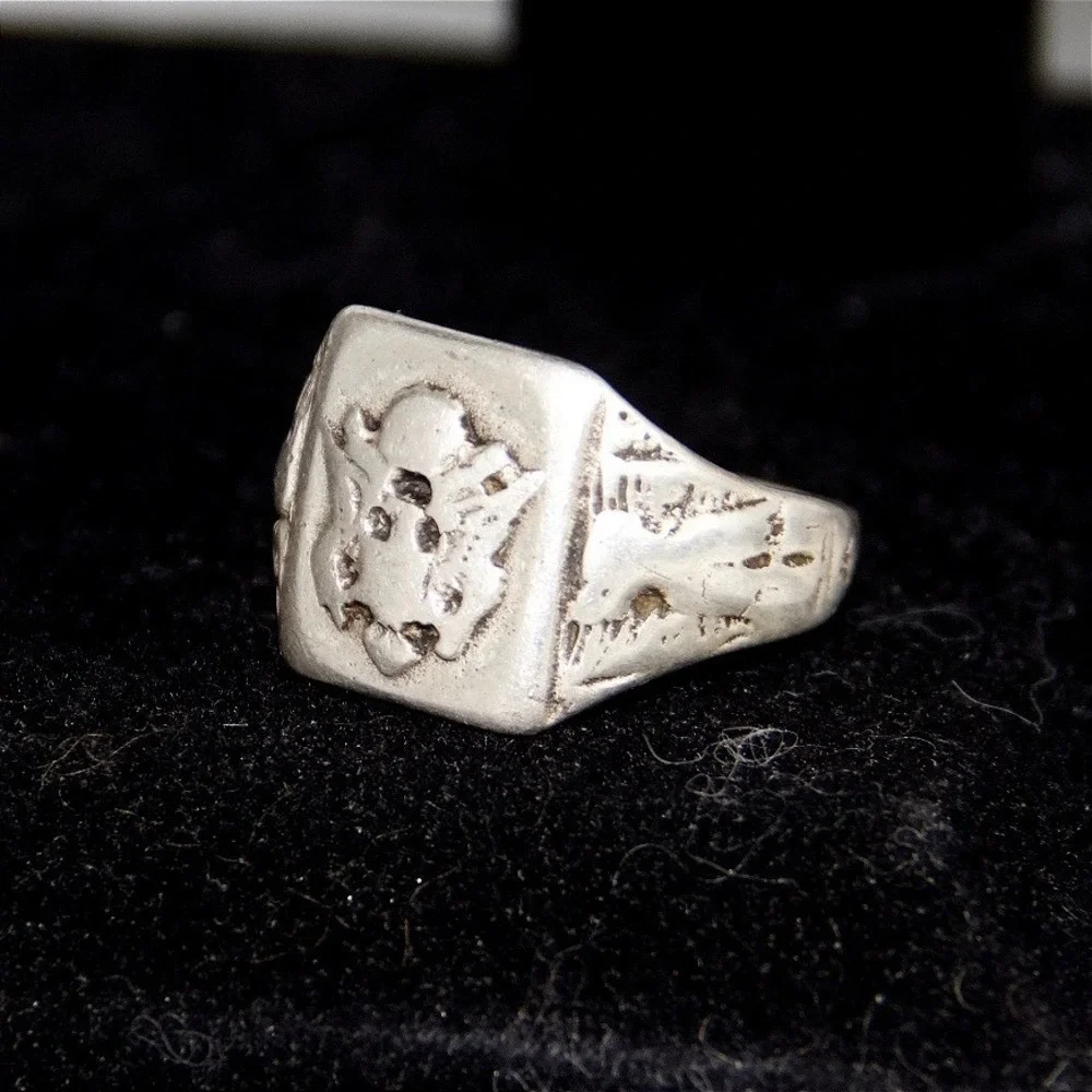 Vintage US Army Class Ring Size 13 Military Signet Eagle Crest Ring 40s 925‎