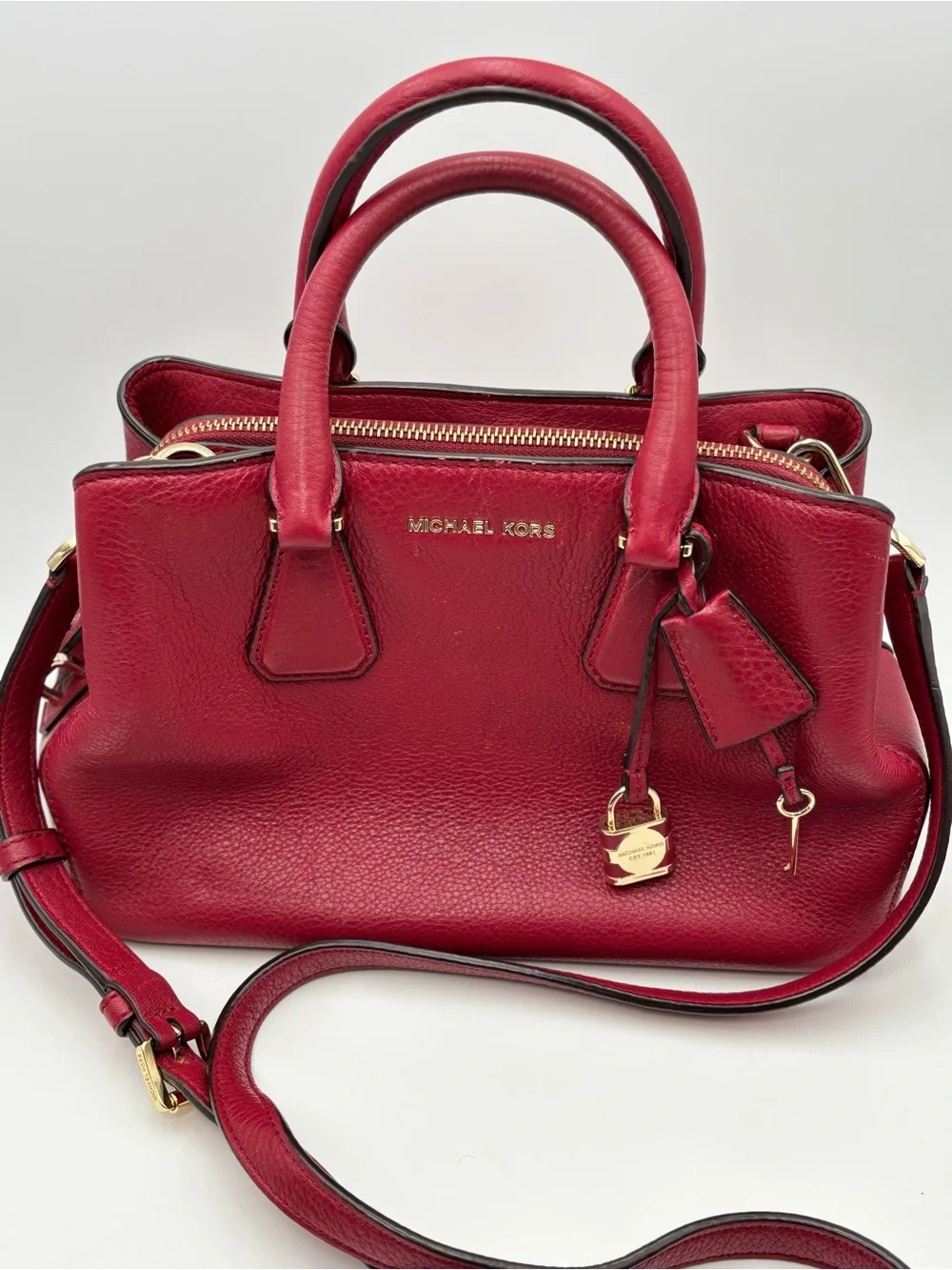 Michael Kors Leather Camille Satchel Cherry Red  with gold‎ hardware
