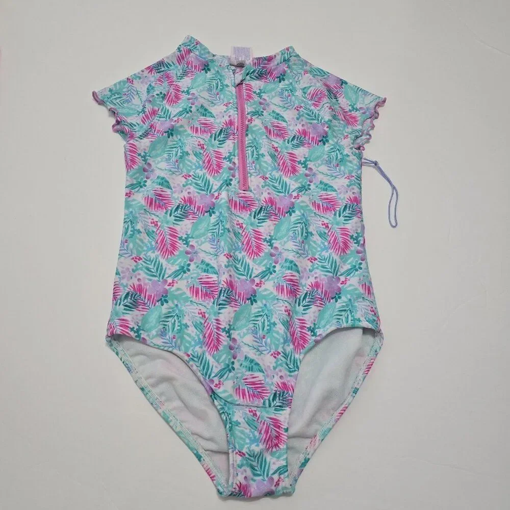 NWOT - More Than Magic M (7/8) Girls Swimsuit  One Piece Zip‎ Kids Tropical