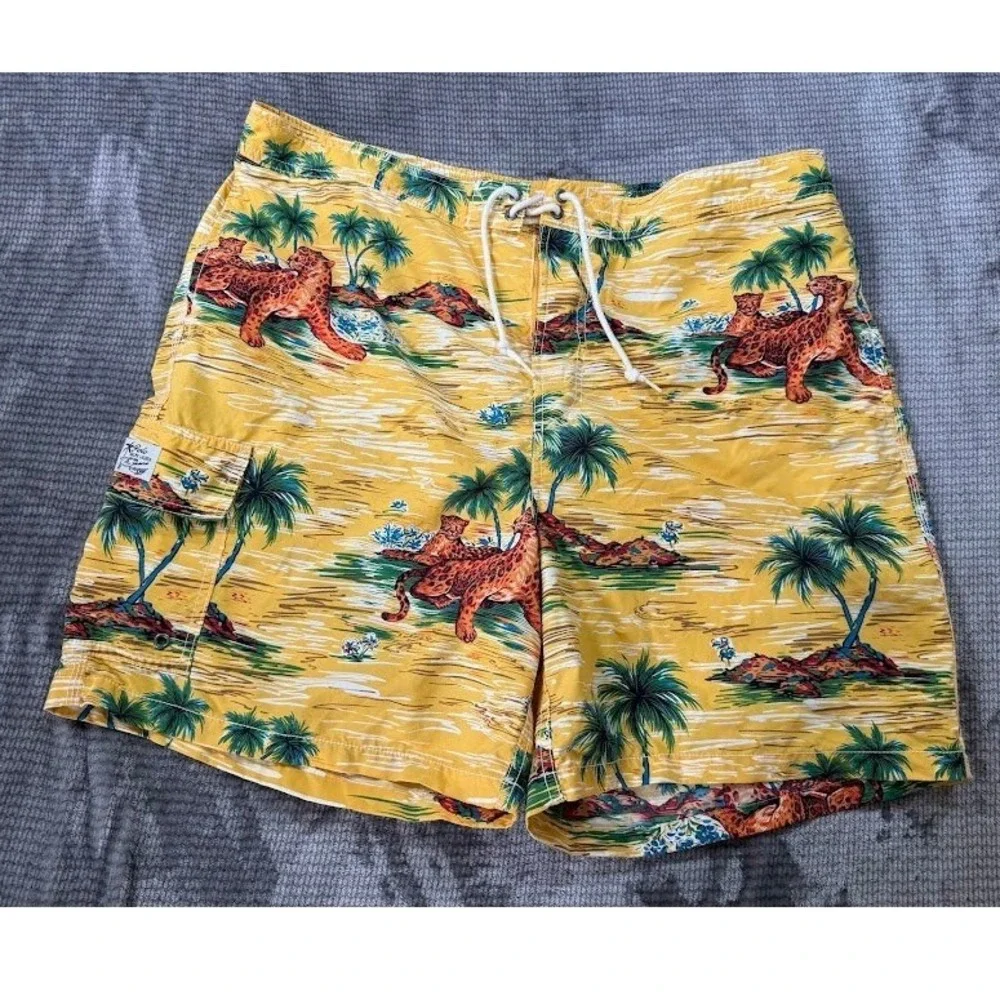Polo Ralph Lauren Yellow Leopard Palm Tree Print Swim Trunks XXL Mens Cargo 40X8