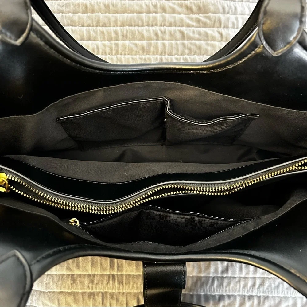 Miztique Black Vegan Leather Shoulder Bag Gold Hardware Tote Bag