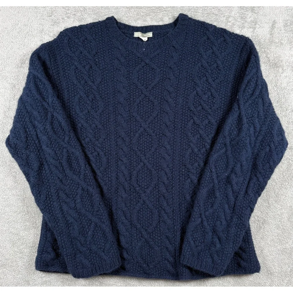 Vintage J Crew Mens Large Blue 100% Wool Cable Knit By Hand Pullover Sweater