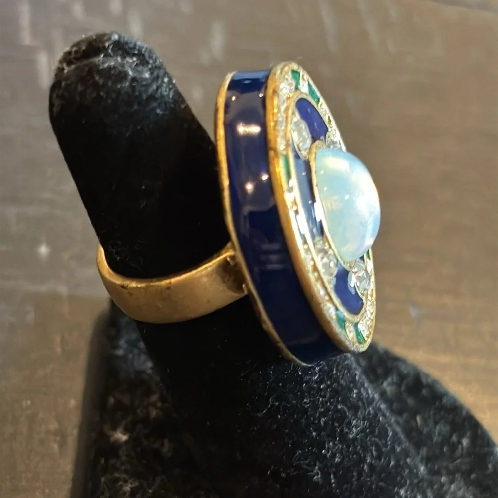 Lia Sophia Royal Blue Elegant Gold Green Statement Enamel Rhinestone Ring