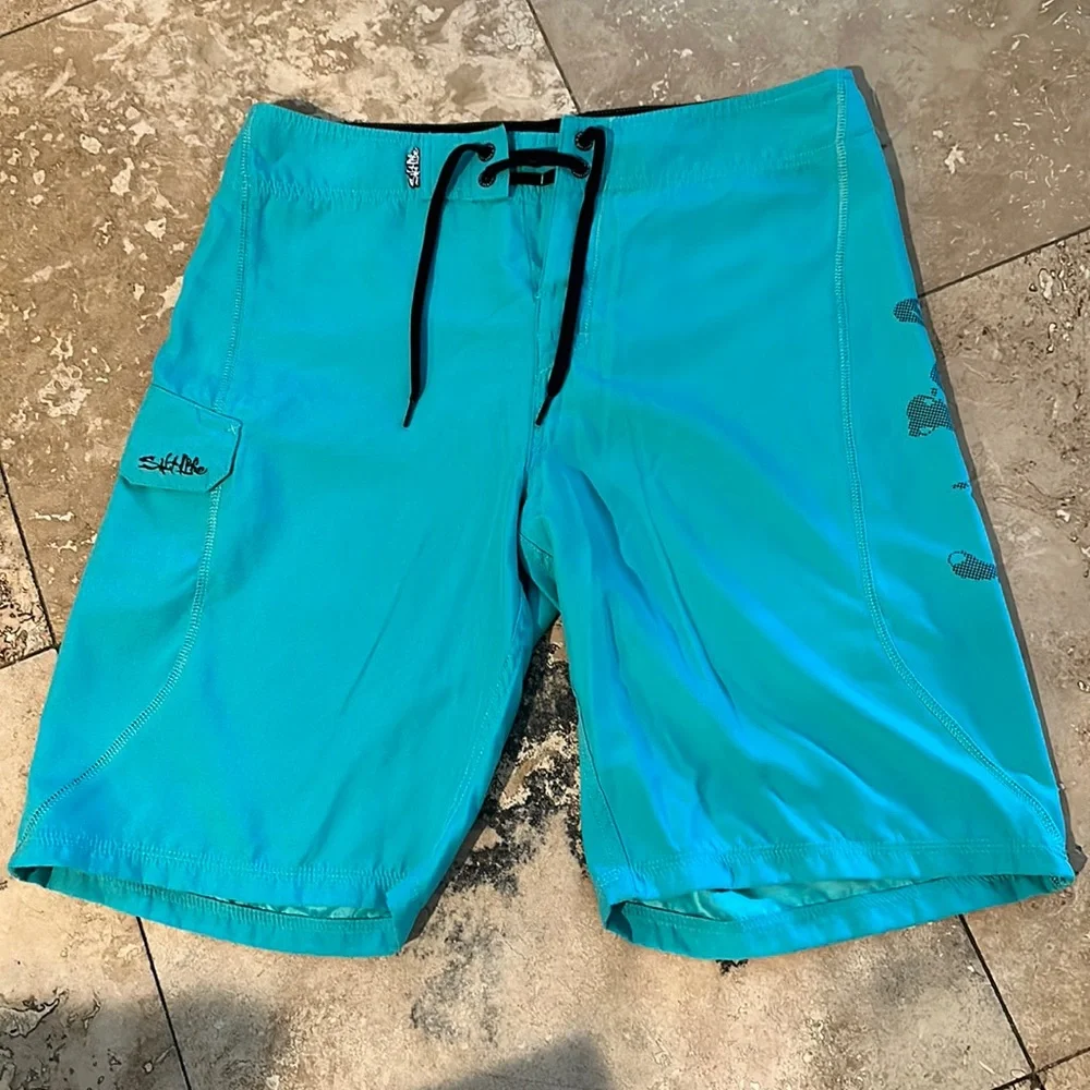 Men’s Sallt Life SL X-QD  Board Shorts 32 teal blue/green color skull