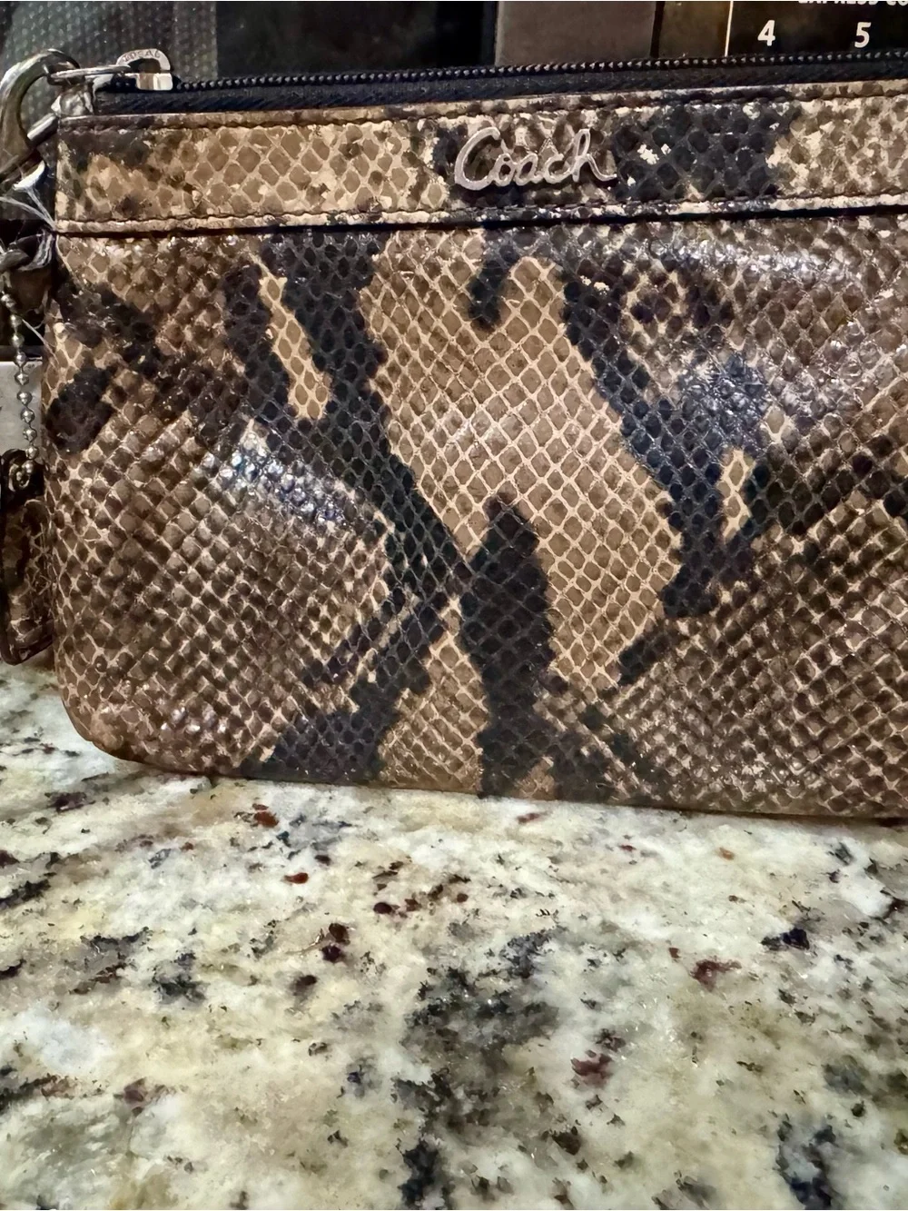 Coach Taupe and Black Snakeskin-Print Wristlet
