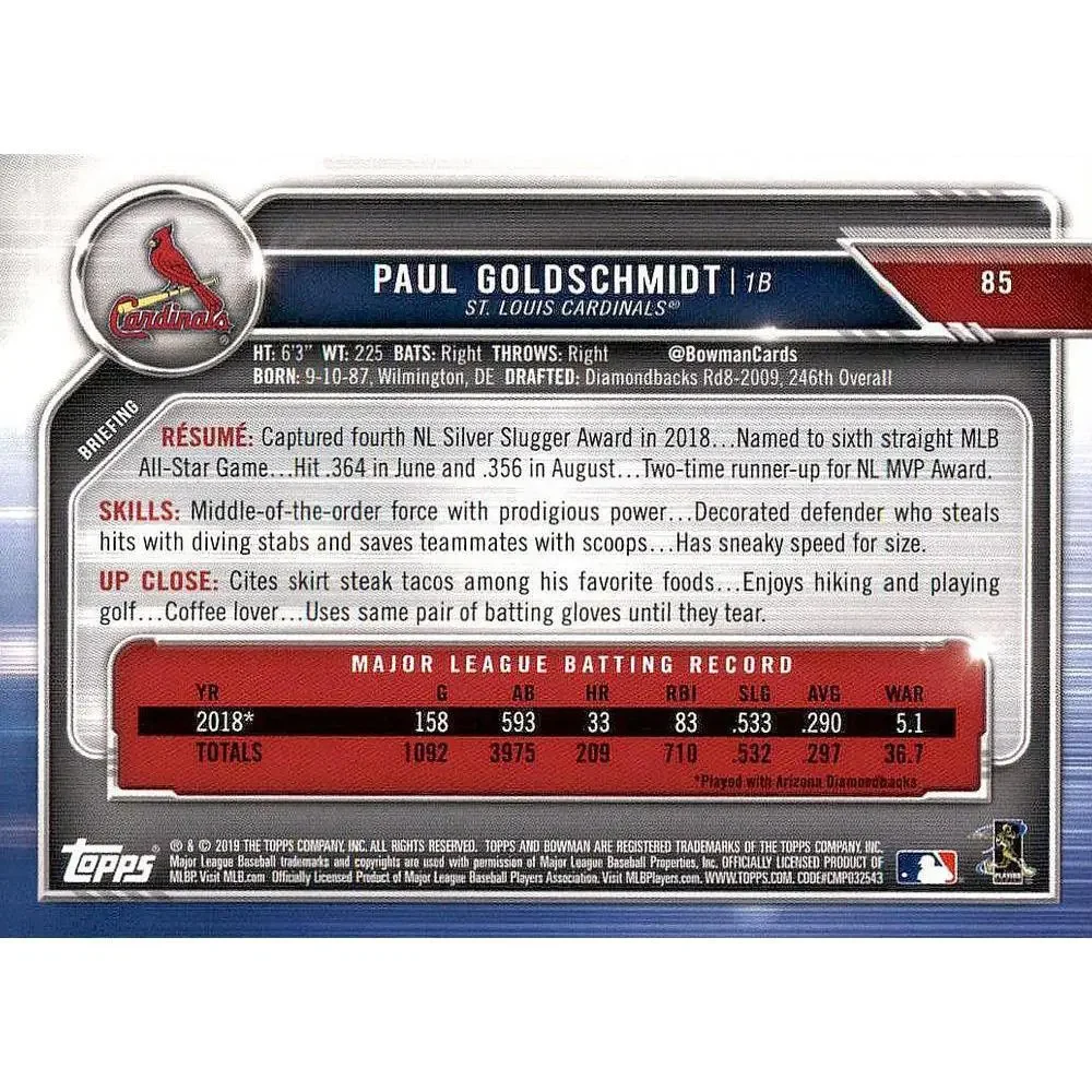 2019 Bowman Paul Goldschmidt #85 St. Louis Cardinals