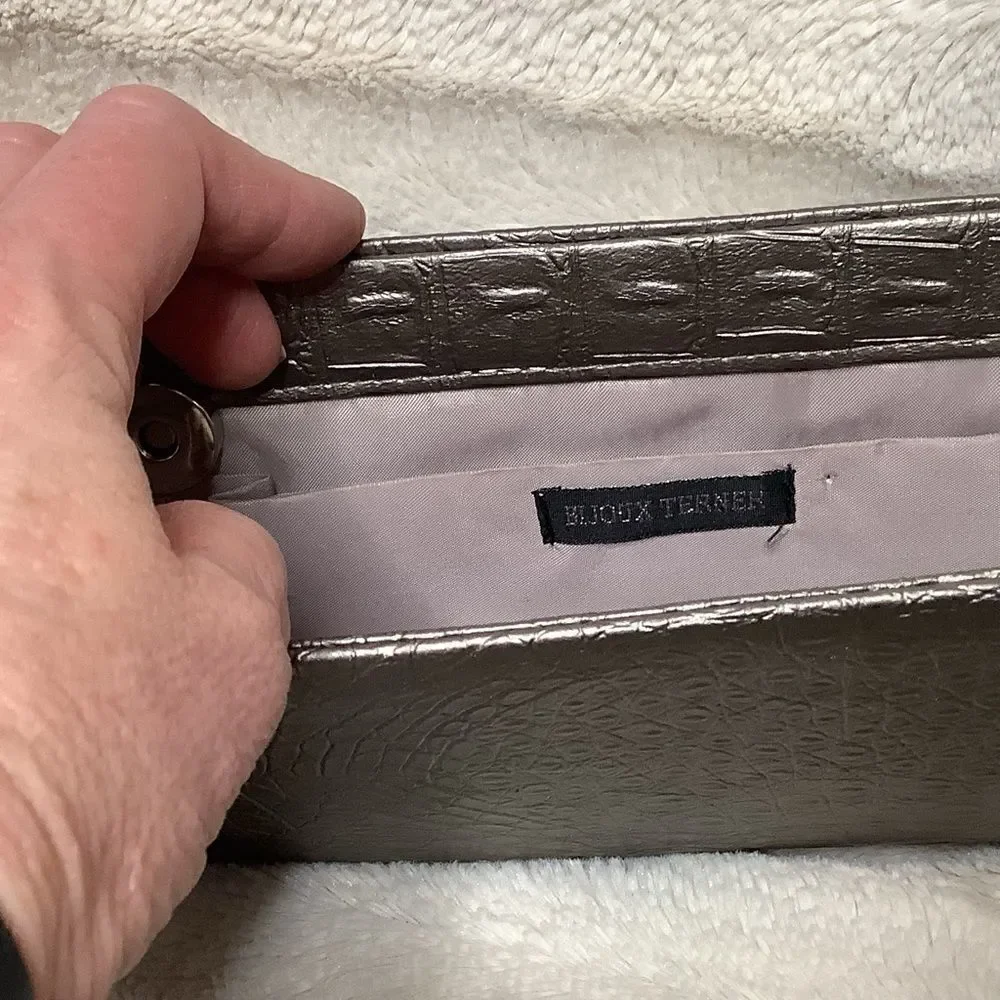 Bijoux Terner Grey gray metallic evening clutch with snap closures very clean