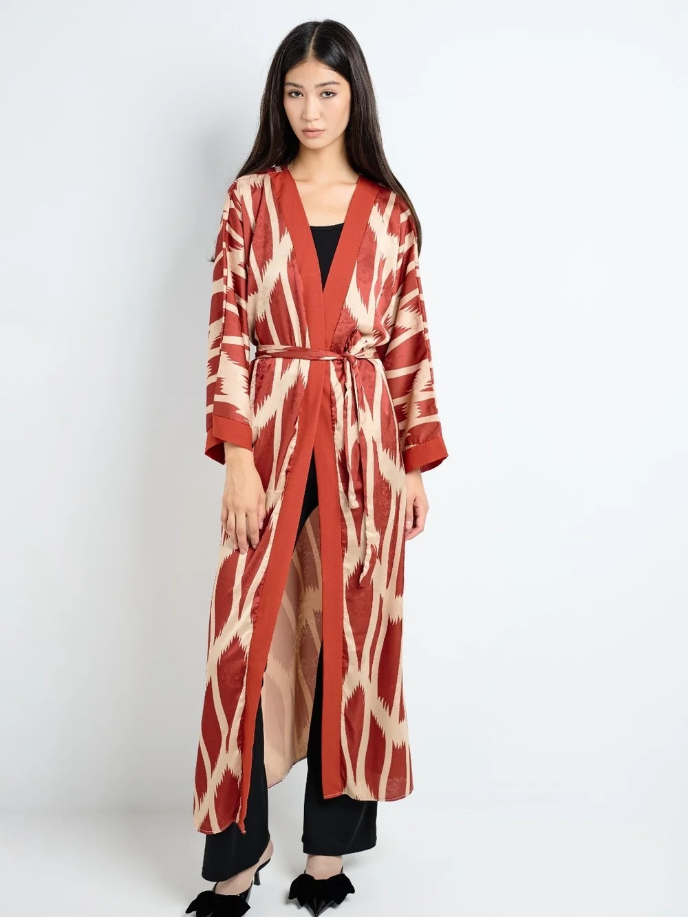 SILKY POOL OUTFIT Rust and Cream Printed Long Kimono Robe