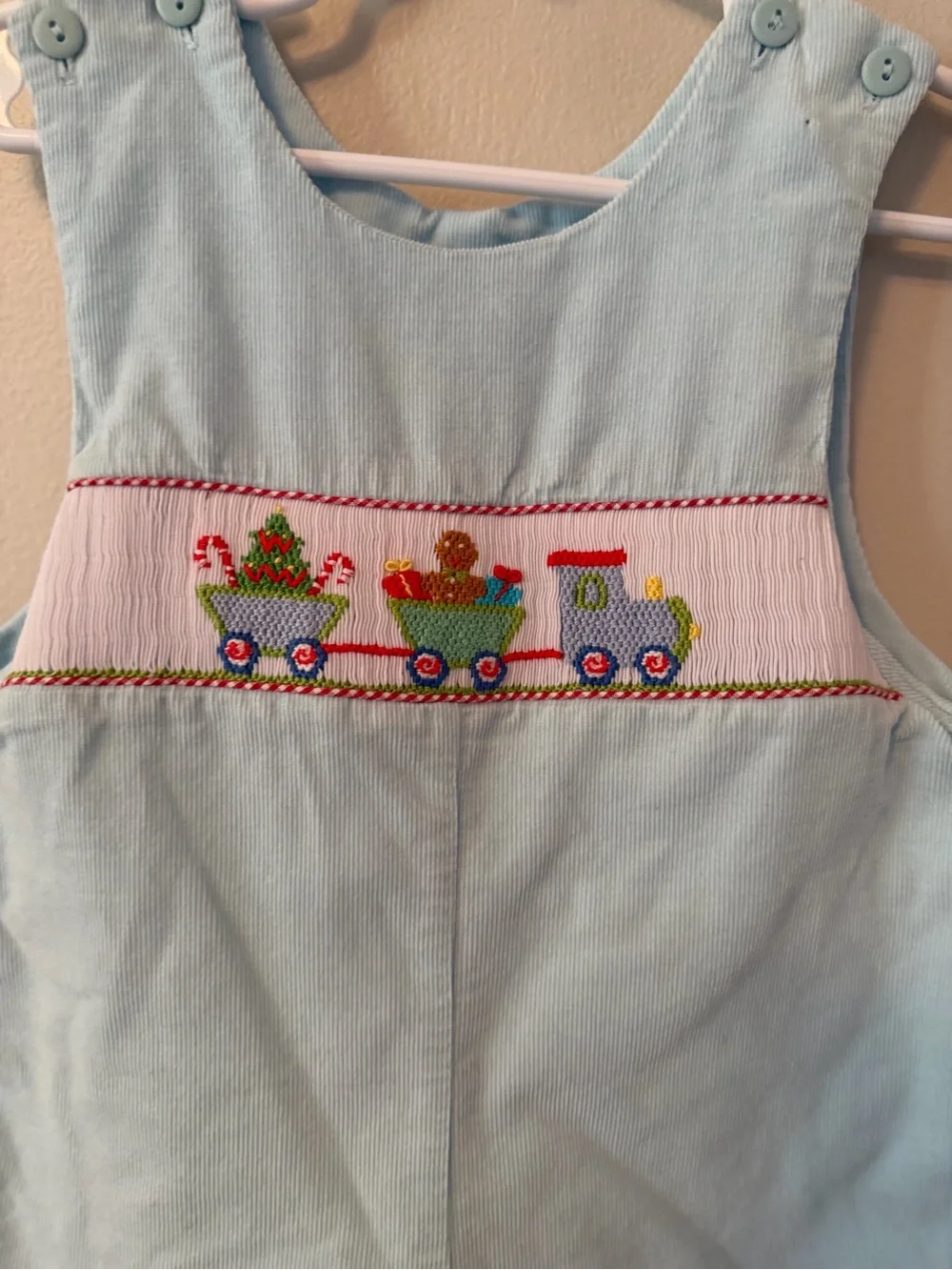 Anavini Light Blue Smocked Christmas Train Longalls